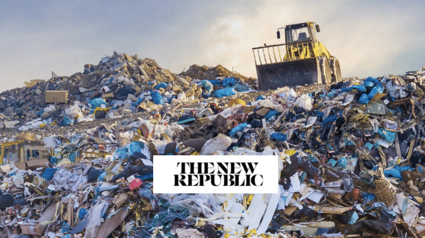 New Republic logo with background of plastics dump